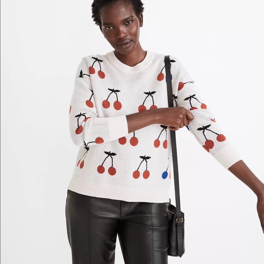 Madewell Cream Cherry Crewneck Sweater with Red & Black Accents